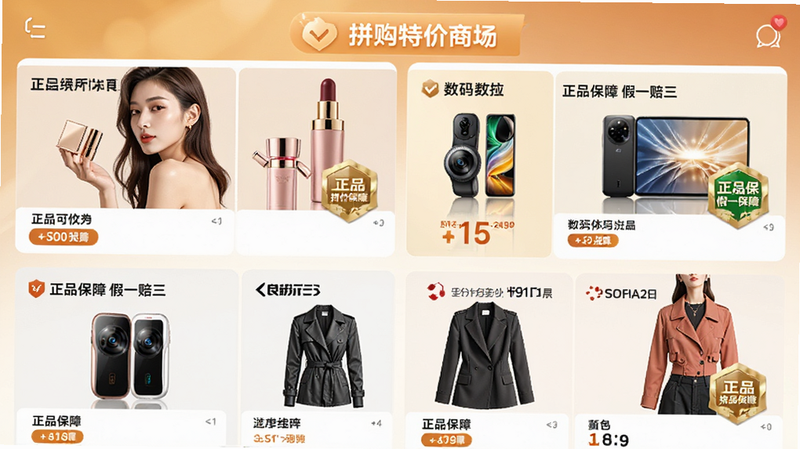 拼购特价商城APP首页预览图,展示多个品牌商品专区,如美妆、数码、服饰,每个专区都有“正品保障”徽章,布局整齐,色调温暖,文字“正品保障 假一赔三”醒目,风格商业大气,细节清晰,高清无模糊,无杂乱背景
