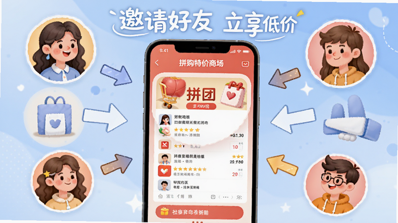 插画风格图片,画面中央是一个手机屏幕,显示拼购特价商城的拼团页面,周围环绕着几个卡通人物头像,箭头指向手机,象征社交分享,背景为柔和的蓝色渐变,文字“邀请好友 立享低价”清晰可见,构图平衡,色彩明亮,细节丰富,展现社交互动的氛围,高质量渲染,无噪点
