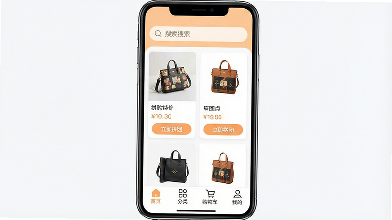 一张展示拼购特价商城APP界面的高清截图,主体为手机屏幕,布局清晰,顶部显示搜索栏,中部展示多个商品卡片,包含图片、价格和“立即拼团”按钮,底部导航栏包含首页、分类、购物车、我的,风格简约现代,色调以白色和浅橙色为主,细节处可见高清商品缩略图,画质清晰,无多余水印,干净无杂乱元素