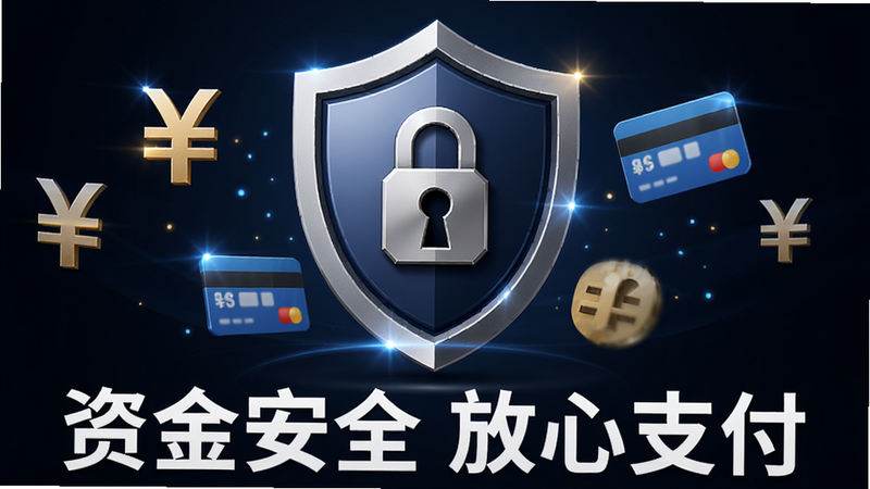 盾牌形状的安全图标,中间是一个锁芯,周围环绕着人民币符号和信用卡图标,象征拼购特价商城的安全支付,背景为深色渐变,突出安全主题,文字“资金安全 放心支付”清晰可见,风格稳重可靠,细节处有光效点缀,增强科技感,高清无瑕疵,无多余装饰