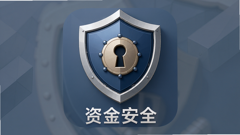 主体为艺术代售APP的安全保障图标,布局居中,排版对称,风格稳重可信,细节显示盾牌与锁孔元素,画质高清,干净,无多余元素,文字包含“资金安全”