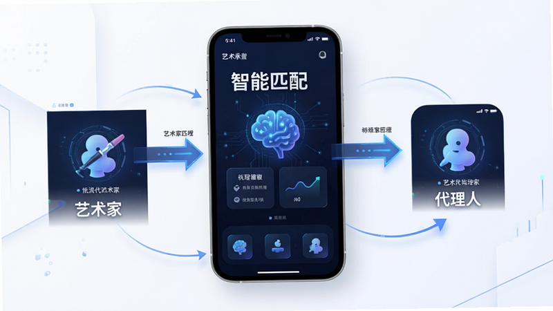 主体为艺术代售APP的功能示意图,布局展示匹配流程,排版逻辑清晰,风格科技感,细节显示箭头连接艺术家与代理人,画质高清,干净,无多余元素,文字包含“智能匹配”