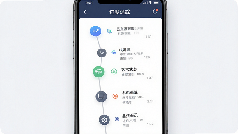 主体为艺术代售APP的状态追踪界面,布局为时间轴形式,排版垂直分布,风格商务简洁,细节显示不同状态节点图标,画质高清,干净,无多余元素,文字包含“进度追踪”