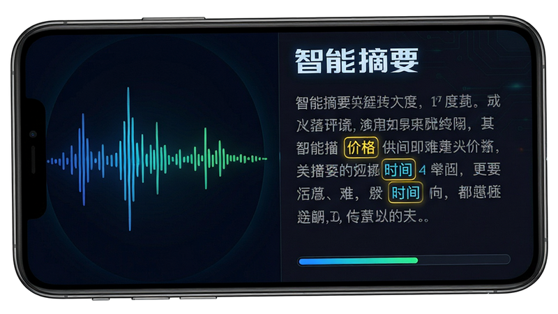 主体为手机界面,展示语音转文字过程,左侧为声波动画,右侧为实时生成的文字摘要,高亮显示关键词如