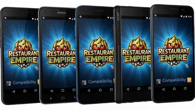 ����Ϊ�ಿ��ͬƷ�Ƶİ�׿�ֻ�����չʾ����Ļ�Ͼ���ʾRestaurant Empire��Ϸ�������棬����Ϊ�����ţ����Ϊ��Ʒ����ͼ��ϸ��չʾ�ֻ��ͺű�ʶ����ϷLogo�����ʸ��壬�ɾ����޶���Ԫ�أ����ֱ�ע��Compatibility��