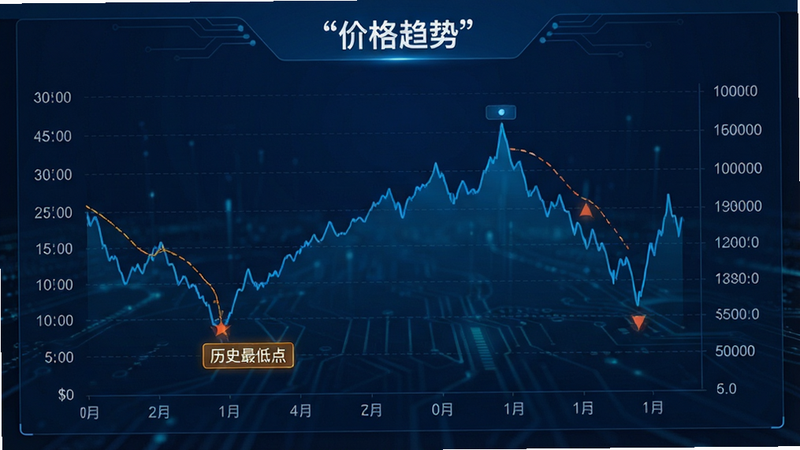 展示数据图表界面,主体为折线图显示价格波动趋势,背景为深蓝色科技风,布局左侧为时间轴,右侧为价格数值,排版整齐,风格专业严谨,细节包含高亮显示的“历史最低点”标记,画质清晰,无杂乱背景,文字“价格趋势”加引号