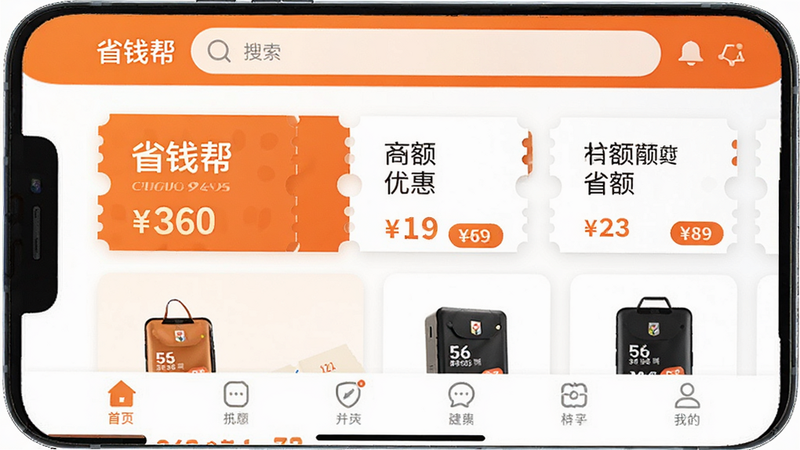 主体为手机端界面截图,显示“省钱帮”APP首页,布局清晰,顶部有搜索栏,中间展示多张大额优惠券卡片,底部有导航栏,风格扁平化,色彩以橙色和白色为主,细节包含商品缩略图和价格标签,画质高清,干净无多余元素,文字“省钱帮”清晰可见