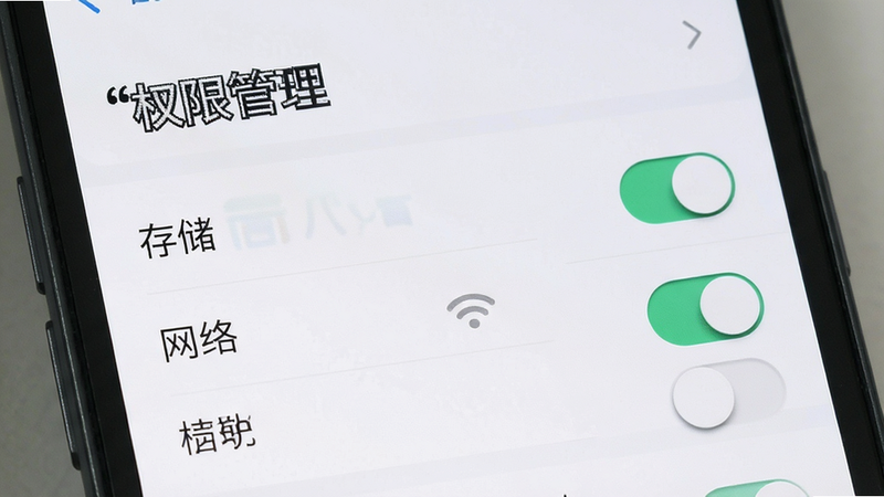 展示手机安全设置界面,主体为权限管理列表,布局垂直排列,风格简洁现代,细节包含“存储”、“网络”权限开关,画质清晰,无杂乱元素,文字“权限管理”加引号