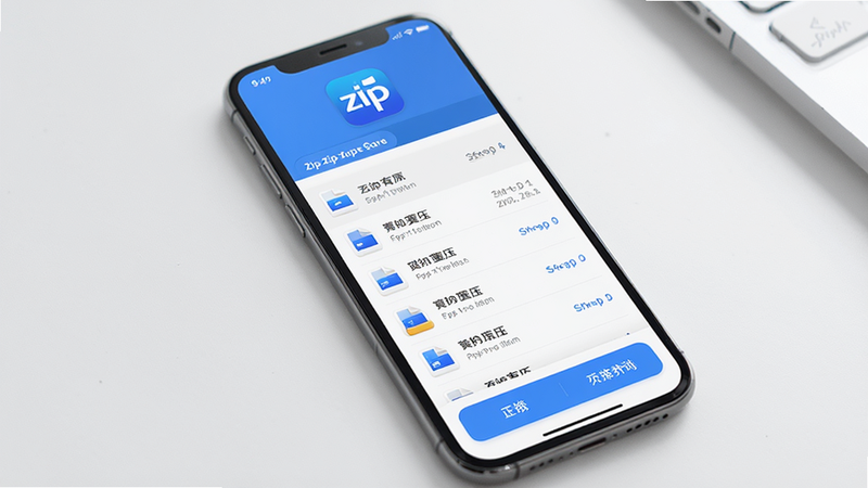 ����Ϊ�ֻ���Ļչʾzip��ѹר��Ӧ�ý��棬����������������ʾӦ��Logo���м��б�չʾ�ļ��б����ײ��в�����ť������Լ�ִ���ϸ�ڷḻ�����ʸ��壬�ɾ��޶���Ԫ��