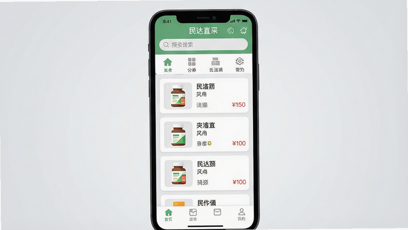 一张现代扁平化风格的手机应用界面预览图,主体为智能手机屏幕,显示名为“民达直采”的应用界面,顶部有搜索栏和分类图标,中部展示药品卡片列表,包含图片、名称和价格,底部有导航栏,背景为浅灰色渐变,布局清晰,排版整齐,文字清晰可读,高分辨率,无多余装饰,干净简洁