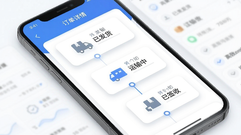 一张手机界面示意图,显示订单详情页,包含时间轴节点如“已发货”、“运输中”、“已签收”,每个节点旁有对应的小图标,界面采用蓝白色调,卡片式布局,字体清晰,阴影柔和,表现高效管理,高清,无杂乱元素,专业设计感