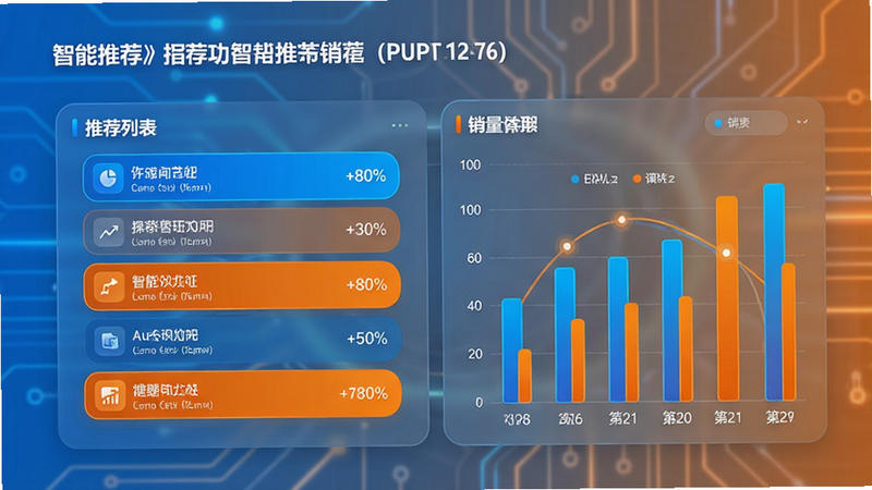 一张数据可视化风格的界面图,显示推荐列表和销量柱状图,色彩明亮,使用蓝色和橙色对比,图表线条流畅,背景简洁,突出智能推荐功能,布局合理,文字清晰,高清渲染,无复杂背景,现代科技感