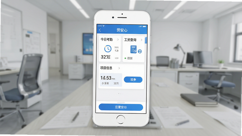 劳安心手机应用界面全景图,主体为白色背景的手机模型,屏幕显示“劳安心”APP首页,包含“今日考勤”、“工资查询”、“项目信息”三大核心模块,布局清晰,排版工整,风格简约商务,细节处显示蓝色主色调按钮,画质高清,干净,无多余元素
