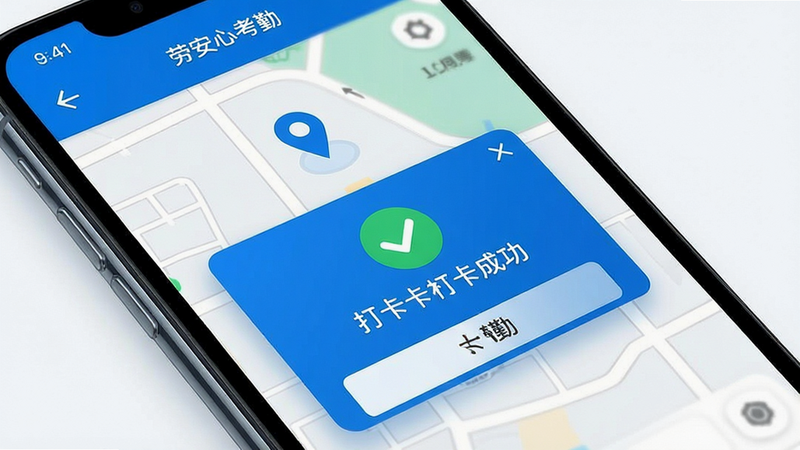 劳安心考勤功能展示图,主体为手机屏幕特写,显示地图定位界面与打卡成功弹窗,布局中心突出,排版紧凑,风格科技蓝,细节显示绿色对勾图标,画质清晰,干净,无多余元素