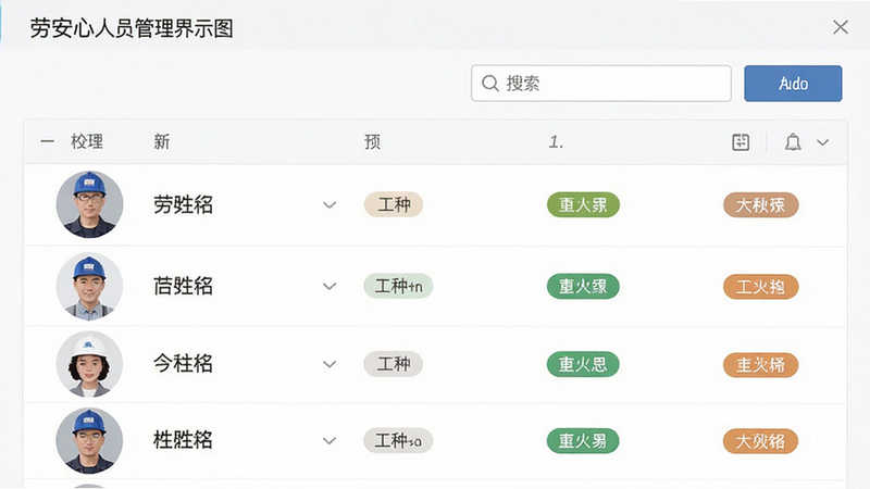 劳安心人员管理界面示意图,主体为列表视图,显示工人头像、姓名、工种标签,布局整齐,排版规范,风格扁平化,细节处显示搜索框与添加按钮,画质精细,干净,无多余元素