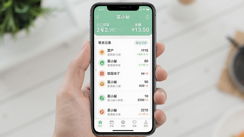 主体为手机屏幕界面,布局清晰展示“菜小秘”应用首页,顶部显示日期与余额,中部为收支记录列表,底部为导航栏,风格为扁平化UI设计,细节包含清晰的图标与柔和的色彩搭配,画质高清,干净无多余元素,文字“菜小秘”清晰可见