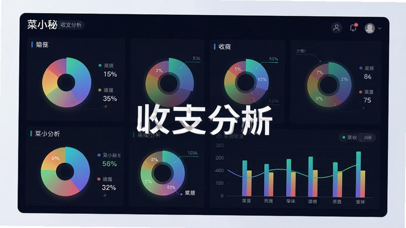 主体为数据仪表盘界面,布局包含多个彩色饼图与柱状图,展示“菜小秘”的收支分析功能,风格为现代科技感,细节包含清晰的数据标签与渐变色彩,画质超清,干净无多余元素,文字“收支分析”清晰可见