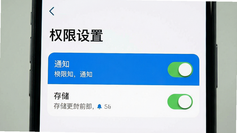 主体为手机设置界面,布局展示权限管理页面,高亮显示“通知”与“存储”权限选项,风格为简洁UI,细节包含开关状态与文字说明,画质清晰,干净无多余元素,文字“权限设置”清晰可见