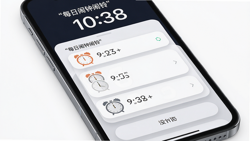 主体为手机屏幕特写,显示“每日闹钟闹铃”APP界面,布局简洁,顶部为时间显示,中部为多个闹钟列表,底部为设置按钮,风格为扁平化UI设计,细节包含柔和阴影与圆角卡片,画质高清,干净,无多余元素,文字加引号显示“每日闹钟闹铃”