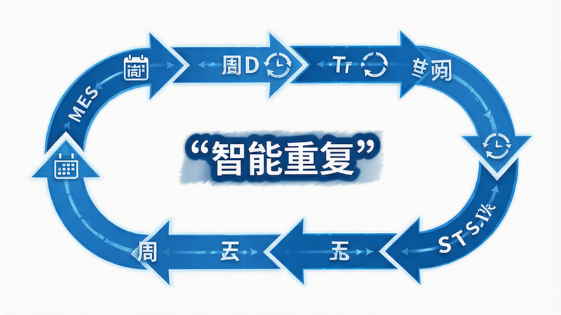 主体为时间轴概念图,布局为横向流程图,展示从周一到周日的循环箭头,排版清晰,风格为科技蓝与白色搭配,细节包含日历图标与循环符号,画质清晰,干净,无多余元素,文字加引号显示“智能重复”