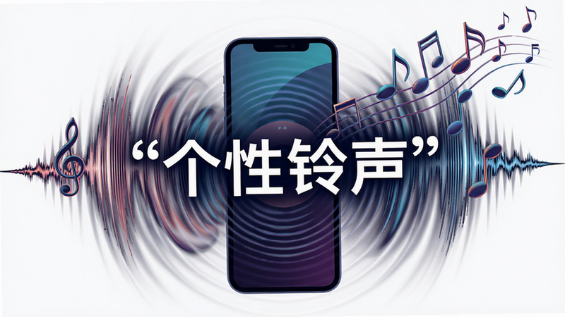 主体为手机振动波纹与音符飘散的视觉化呈现,布局为中心发散式,排版动感,风格为抽象艺术风,细节包含声波线条与音符图标,画质细腻,干净,无多余元素,文字加引号显示“个性铃声”