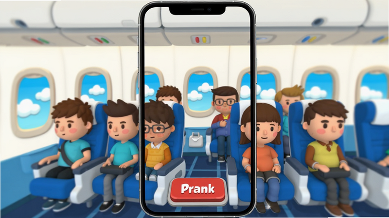 一张高清数字艺术风格的图片,主体是Dear Passenger Prank Simulator应用的界面预览,布局为手机竖屏,屏幕中央显示一个卡通风格的飞机客舱,一排排座位上坐着表情各异的卡通乘客,前排座位旁有一个红色的“Prank”按钮,背景是透过窗户看到的蓝天白云,风格为扁平化卡通插画,色彩明亮清新,细节丰富,画质4K,干净无多余元素