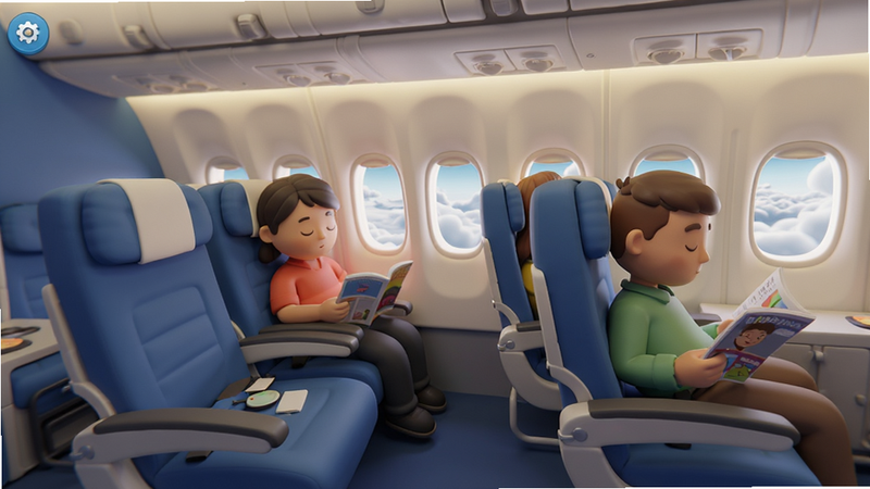 Dear Passenger Prank Simulator 游戏场景示意图,主体为飞机客舱内部视角,布局为横向长卷,前景是舒适的蓝色航空座椅,中景是几位正在打盹或看杂志的卡通乘客,背景是舷窗外的云海,风格为写实与卡通结合,光影柔和,细节精致,高清画质,无杂乱背景