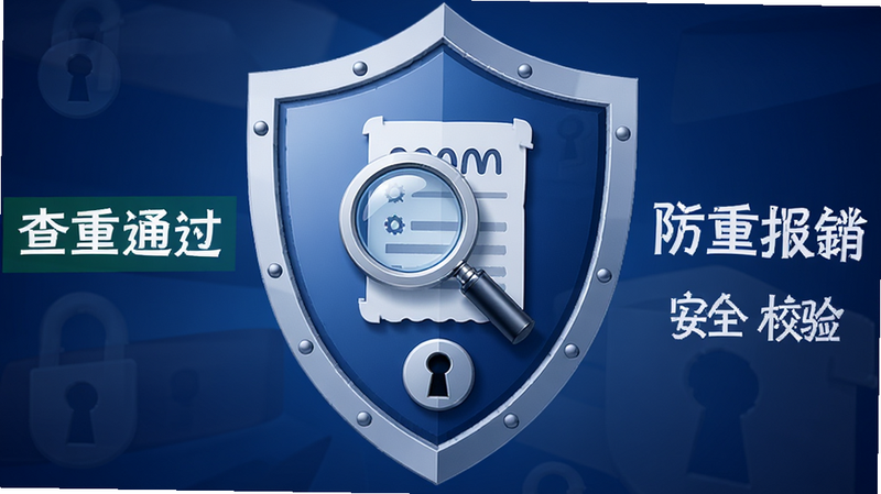 主体为安全盾牌图标,内部包含放大镜和发票符号,背景为深蓝色渐变,布局中心对称,风格严谨安全,细节处有锁孔图案,高清画质,无多余装饰,文字标注: