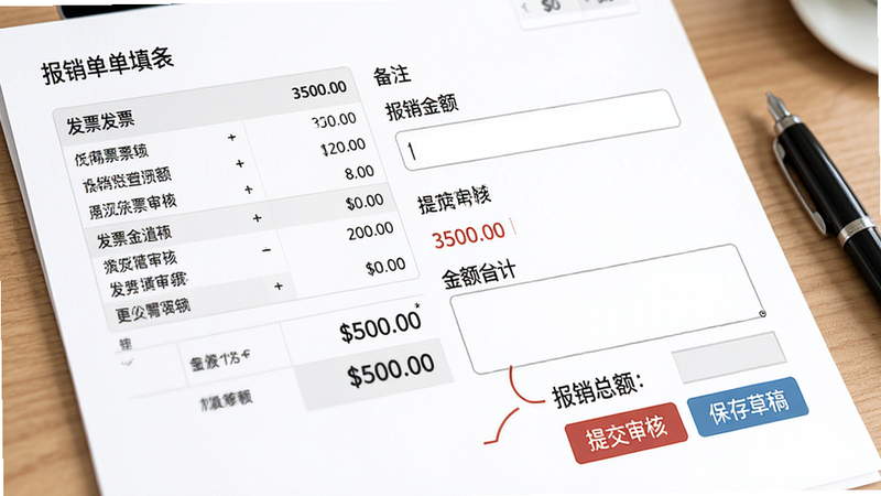 主体为报销单填写界面,包含发票列表、报销金额输入框、备注栏,背景为白色表单,风格商务简洁,细节处有金额合计显示,高清画质,无杂乱元素,文字标注: