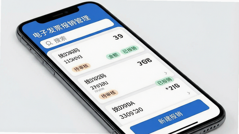 主体为智能手机屏幕,显示“电子发票报销管理”应用界面,布局整洁,上方为搜索栏,中间列出多张电子发票卡片,包含发票代码、金额、状态标签,底部有“新建报销”按钮,风格简约商务,细节清晰,高清画质,无多余元素,干净背景,文字清晰可见: