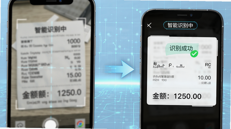 主体为手机界面特写,展示OCR识别过程,左侧为模糊的纸质发票照片,右侧为清晰的电子数据卡片,箭头连接两者,背景为浅蓝色科技感网格,风格现代科技,细节丰富,高清画质,无水印,文字标注: