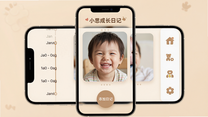 С˼�ɳ��ռ�APP����ȫ��ͼ������Ϊ�ֻ���Ļ����ʾ��ů��͵���ɫ������������'С˼�ɳ��ռ�'���⣬�м��Ǵ�ߴ�Ķ�ͯЦ����Ƭ��Ƭ���·���'�����ռ�'Բ�ΰ�ť��������·�ʱ���ᣬ�Ҳ��ǹ���ͼ��������ƽ����Ʒ�񣬸߱���UI��ƣ�8k�ֱ��ʣ��ɾ�������