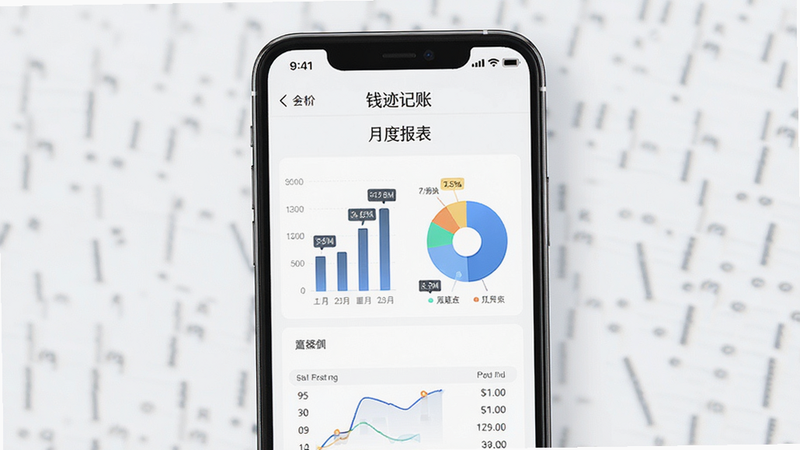 一张展示“钱迹记账”数据报表功能的UI设计图,主体为手机界面,包含柱状图和饼图,布局对称美观,排版整齐,风格为商务简约,细节处有数据标签,画质清晰,干净,无多余装饰,文字显示“月度报表”
