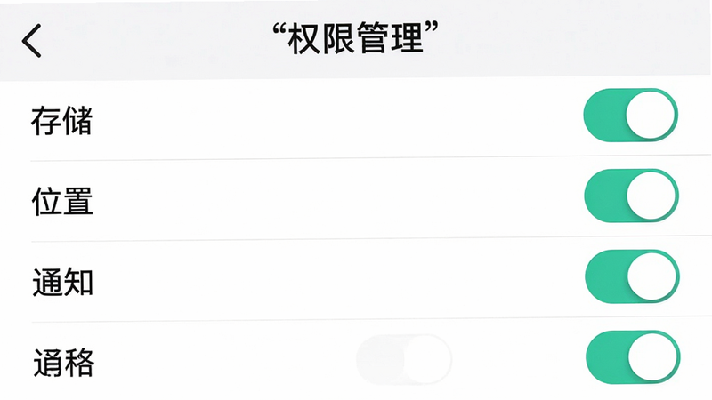 主体为手机设置界面截图,显示应用权限管理页面,布局为列表形式,包含“存储”、“位置”、“通知”等权限开关,排版整齐,风格为简洁白底黑字,细节包含开关按钮的高亮状态,画质清晰,干净无多余元素,文字“权限管理”加引号