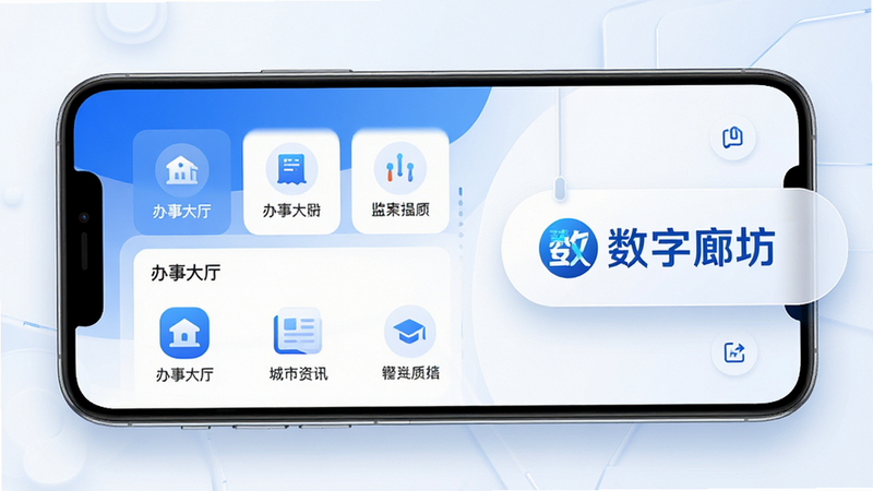 主体为数字廊坊APP手机界面全景展示图,布局清晰,左侧显示首页核心功能图标如“办事大厅”、“城市资讯”,右侧悬浮“数字廊坊”Logo,排版整洁有序,风格为现代科技蓝白色调,细节包含高清UI元素与柔和阴影,画质8k,干净无多余元素,文字“数字廊坊”清晰可见