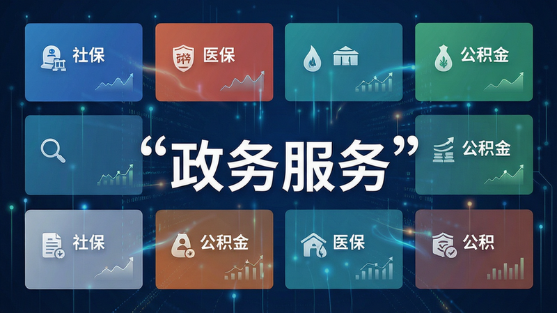 主体为政务服务大厅抽象化数字界面,布局呈网格状排列,包含“社保”、“医保”、“公积金”等服务卡片,排版紧凑且逻辑清晰,风格为扁平化商务风,细节展示数据流动的光效,画质高清,干净无多余元素,文字“政务服务”加引号
