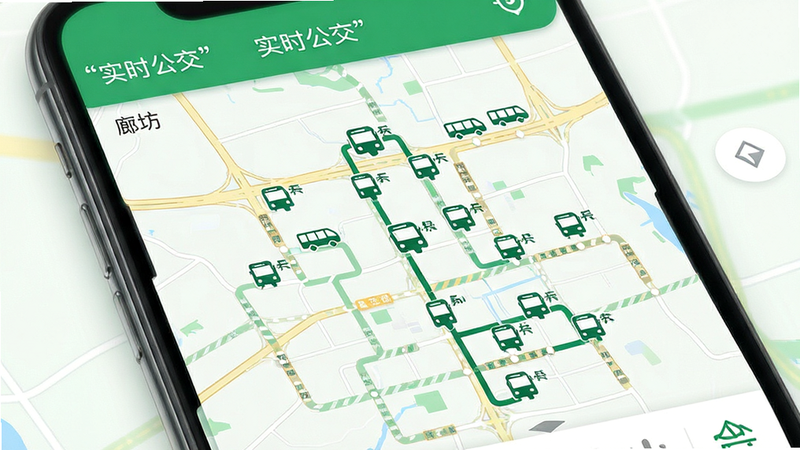 主体为手机地图界面,显示廊坊公交线路图,布局以地图为主,叠加实时公交车辆图标,排版简洁明了,风格为清新绿色科技风,细节包含道路纹理与站点标记,画质精致,干净无多余元素,文字“实时公交”加引号
