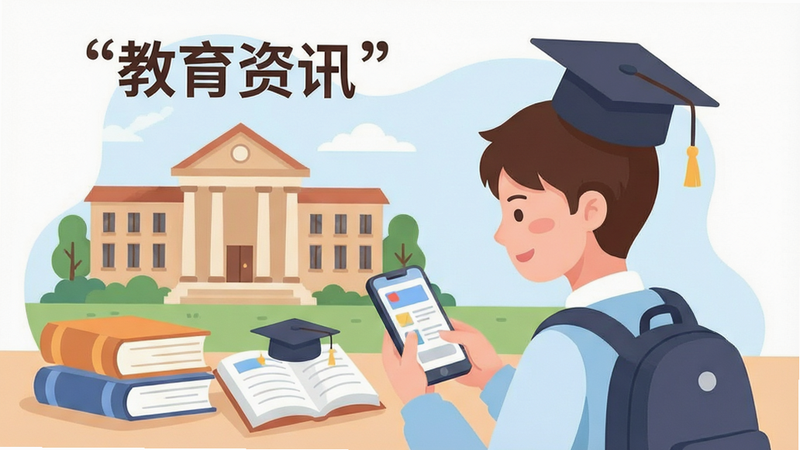 主体为教育咨询场景插画,一个学生正在使用手机查询信息,旁边有大学建筑背景,布局平衡,风格为卡通扁平风,细节包含书本与学位帽元素,画质柔和,干净无多余元素,文字“教育资讯”加引号