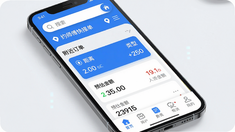 主体为约师傅快接单APP的高清界面展示图,布局采用扁平化设计,顶部显示搜索栏与定位信息,中部展示“附近订单”列表卡片,包含距离、类型、预估金额等关键信息,底部为导航栏。风格为现代科技感,蓝白配色,细节清晰,文字清晰可见“约师傅快接单”,画质4k,干净,无多余元素