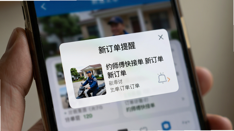 主体为手机屏幕特写,展示约师傅快接单的推送通知界面,背景虚化,突出“新订单提醒”弹窗,包含订单详情缩略图。风格为真实拍摄感,光线柔和,细节丰富,文字显示“约师傅快接单 新订单”,画质高清,干净,无多余元素