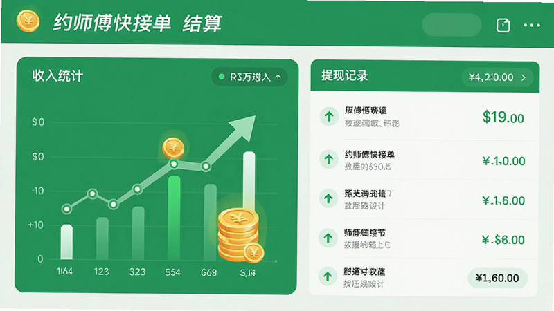 主体为约师傅快接单的财务结算页面UI设计图,布局清晰,左侧为收入统计图表,右侧为提现记录列表。风格为极简商务风,绿色为主色调象征收益,细节包含金币图标与箭头,文字标注“约师傅快接单 结算”,画质细腻,干净,无多余元素