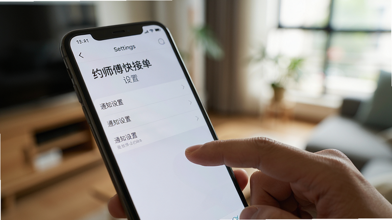 主体为手持智能手机的特写,屏幕显示约师傅快接单的“设置”界面,重点突出“通知设置”选项。风格为生活化场景,背景为模糊的室内环境,细节包括手指点击屏幕的动作,文字显示“约师傅快接单 设置”,画质真实,干净,无多余元素