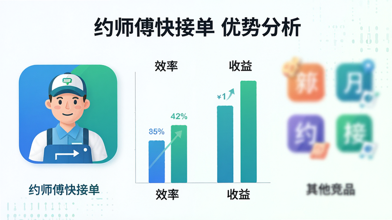 主体为对比图表,左侧为约师傅快接单图标,右侧为其他竞品图标(模糊处理),中间显示“效率”与“收益”对比柱状图。风格为信息图表,蓝绿配色,细节清晰,文字标注“约师傅快接单 优势分析”,画质清晰,干净,无多余元素