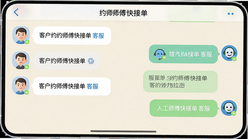 主体为约师傅快接单的客服聊天界面截图,布局为对话框形式,左侧为客户消息,右侧为客服回复,背景为浅色。风格为友好亲切,图标圆润,细节显示“人工客服”标识,文字显示“约师傅快接单 客服”,画质清晰,干净,无多余元素