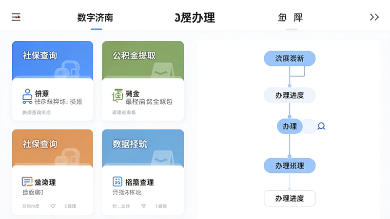 主体为“数字济南”APP内的政务办理页面,左侧展示“社保查询”、“公积金提取”等热门事项卡片,右侧为办理进度流程图,背景为白色,强调清晰的操作路径,风格商务简约,细节处体现流程的规范性,画质清晰,干净无多余元素