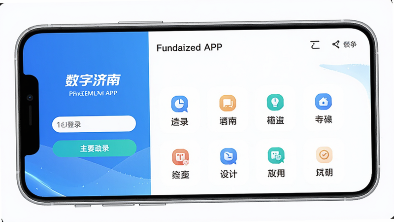 主体为“数字济南”APP在手机上的运行界面,展示登录页面和主要功能图标,背景为白色,手机边框为银色,布局居中,风格简洁现代,细节处体现界面的流畅性,画质高清,干净无多余元素