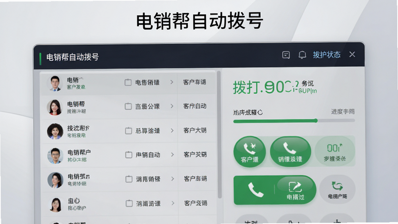 主体为电销帮自动拨号软件界面,布局清晰,左侧显示客户列表,右侧展示拨打状态,排版整洁,风格现代商务,细节包含绿色拨打按钮和进度条,画质高清,干净,无多余元素,文字显示