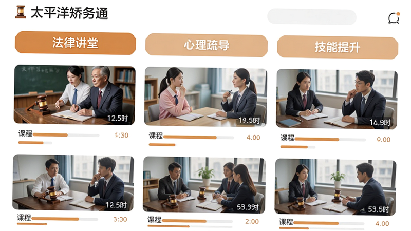 “太平洋矫务通”APP的学习中心界面,显示“法律讲堂”、“心理疏导”、“技能提升”三个分类标签,下方是课程列表,每项课程配有缩略图和时长标识,布局紧凑有序,风格温馨且专业,细节处有进度条显示,画质清晰,干净,无多余元素