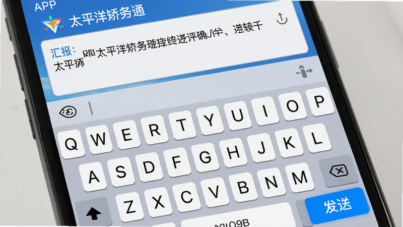 手机键盘输入界面,上方是“太平洋矫务通”APP的汇报编辑框,框内显示部分文字内容,下方是虚拟键盘,布局自然,风格简洁,细节处有“发送”按钮高亮显示,画质细腻,干净,无多余元素