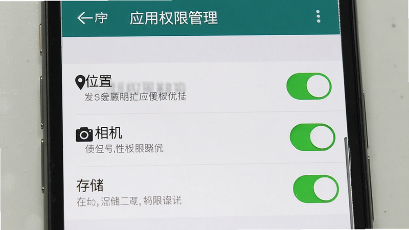 手机设置界面,显示“应用权限管理”页面,其中“位置”、“相机”、“存储”三个权限开关均处于开启状态,布局清晰,风格系统原生,细节处有权限说明文字,画质清晰,干净,无多余元素